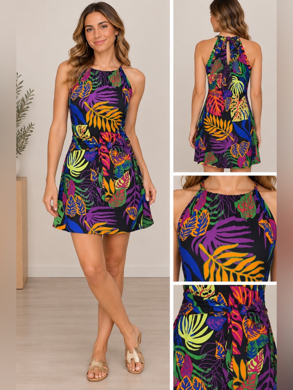 La Mer Luxe Black & Neon Tropical Halter Dress Leaf Print Tie Waist Small